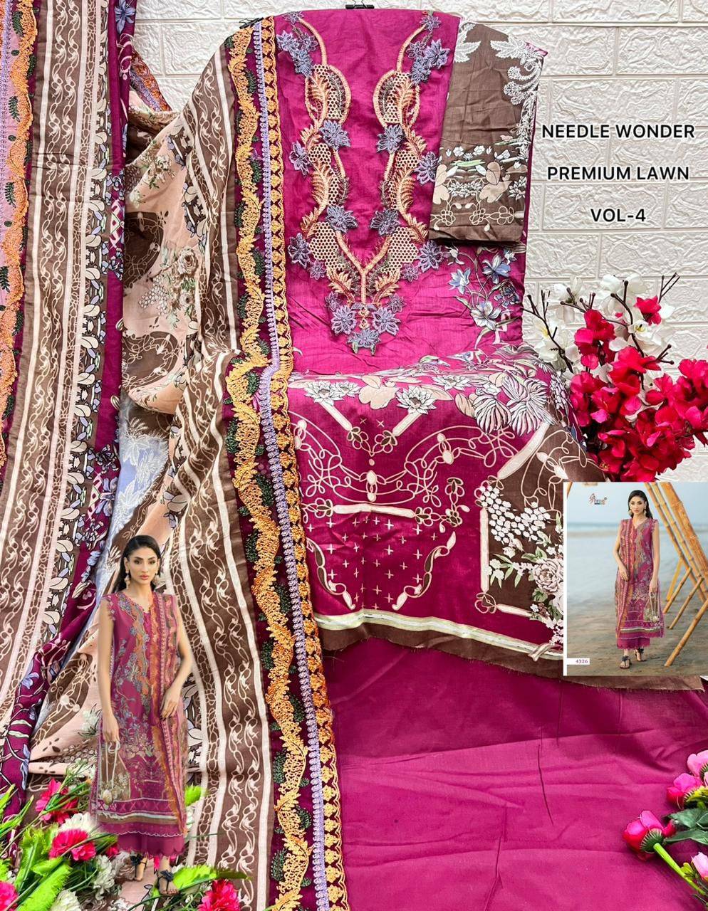 NEEDLE WONDER PREMIUM LAWN VOL-4 By Shree Fabs 4321 To 4328 Series Designer Pakistani Suits Pure Cotton print Dresses At Wholesale Price